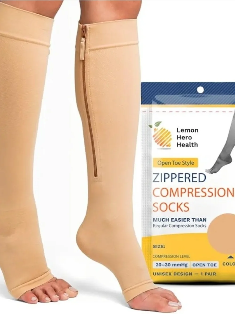 3XL Zippered Compression Socks - Beige (Open Toe)